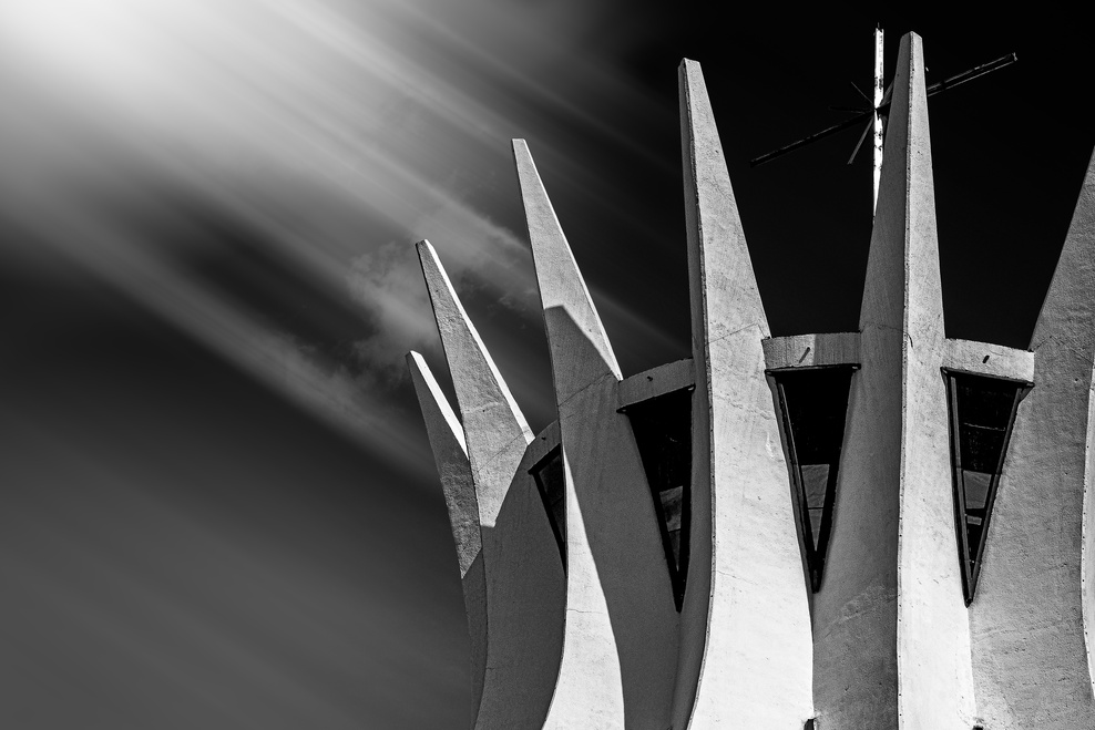 Grayscale Photo of the Steel Columns Surrounding the Roof of Cathedral of Brasilia in Brasilia, Brazil 